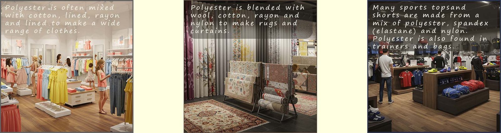 Image to show how polyester is used in a range of items including sportswear, rugs, bedding and clothes